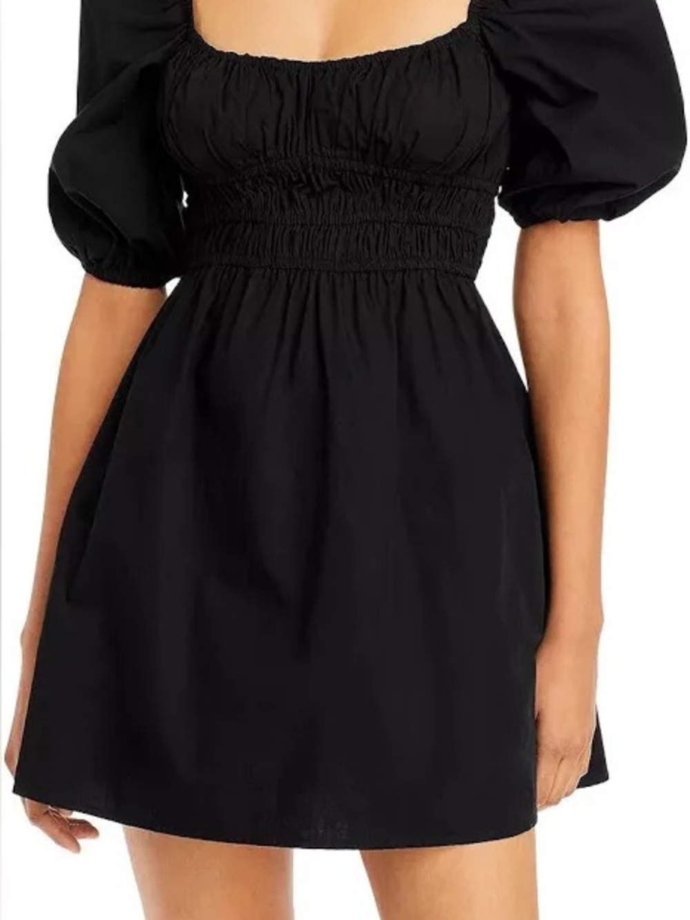 Faithfull the Brand Black Smocked Puff-Sleeve Mini Dress